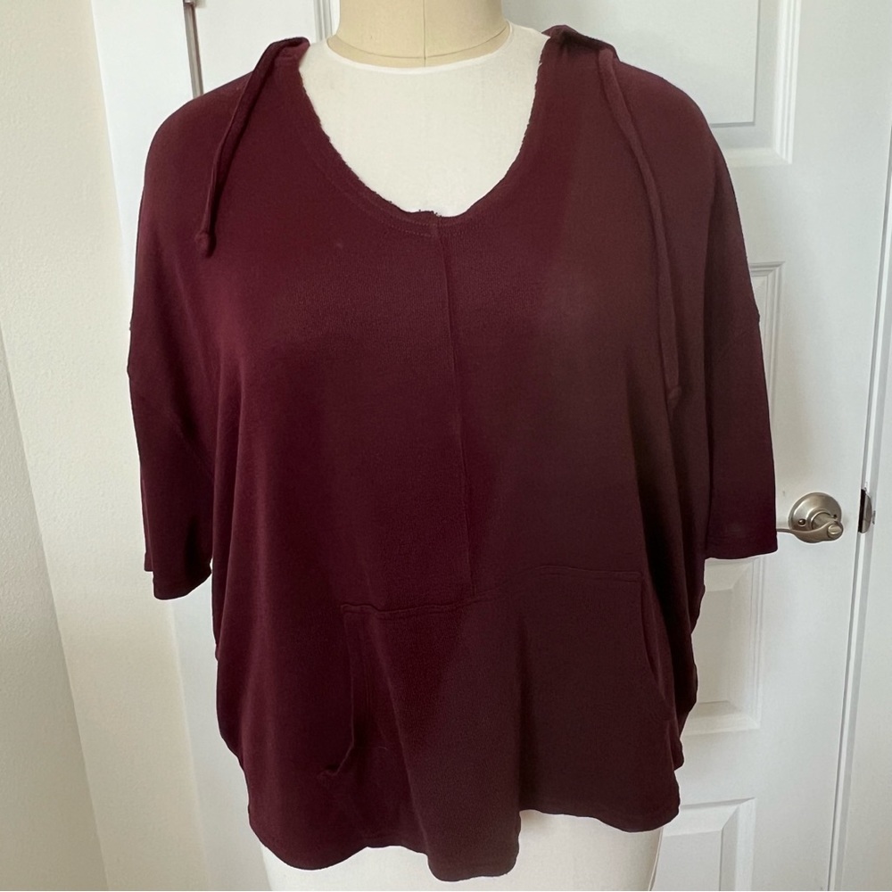 Mono b | Oversized Burgandy Plus Hooded Boxy Short Sleeve Sweatshirt|